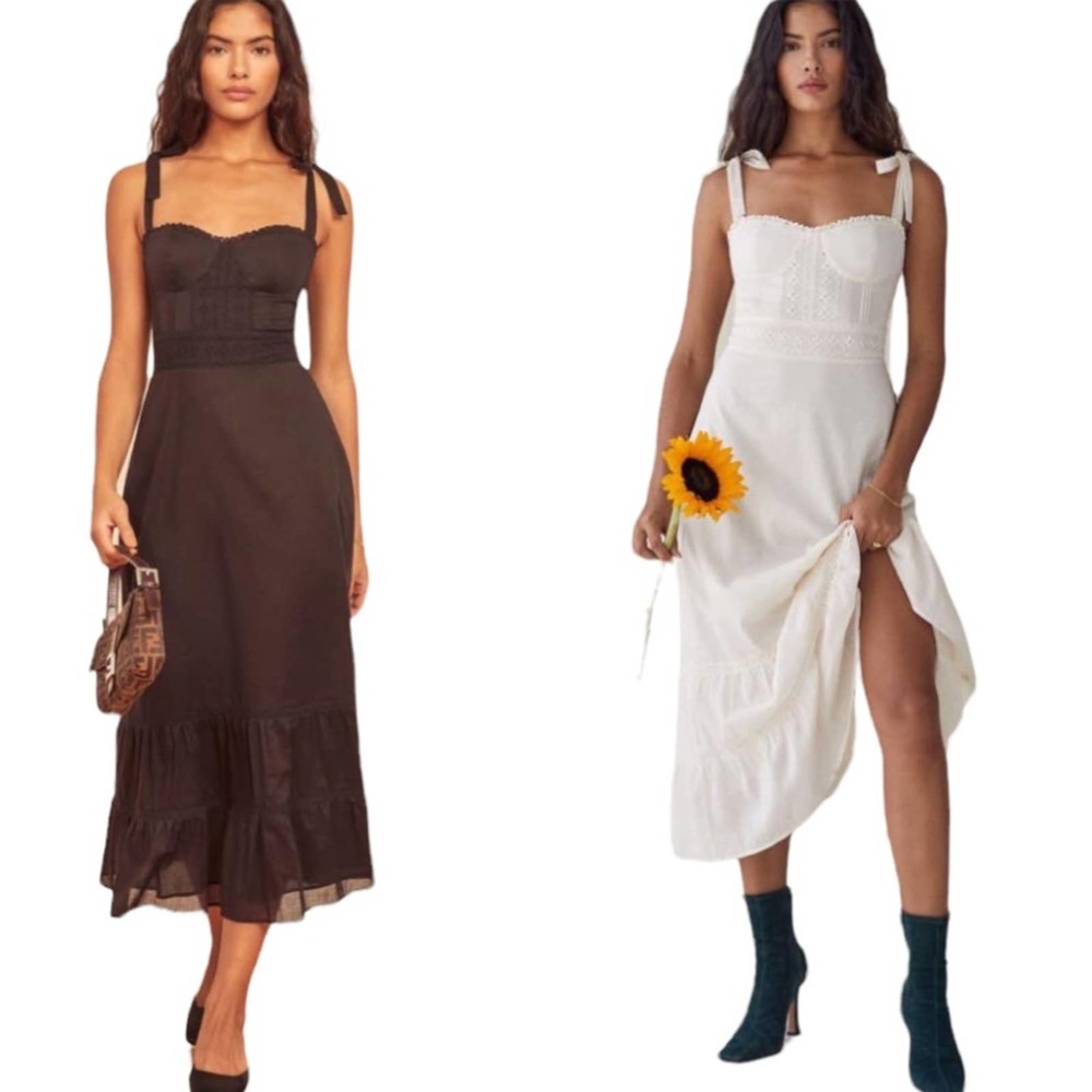 Reformation Dress Noa Embroidered Tie Strap Tiered Organic Cotton Midi 10 NWT